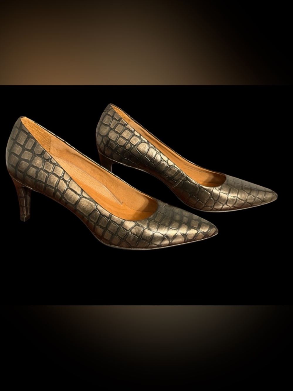 Walking Cradles Metallic Bronze Croc-Embossed Pointed Toe Pumps, Size 7.5M
